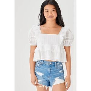 American Eagle S White Gauzy Square Neck Milkmaid Puff Sleeve Cropped Peplum Top
